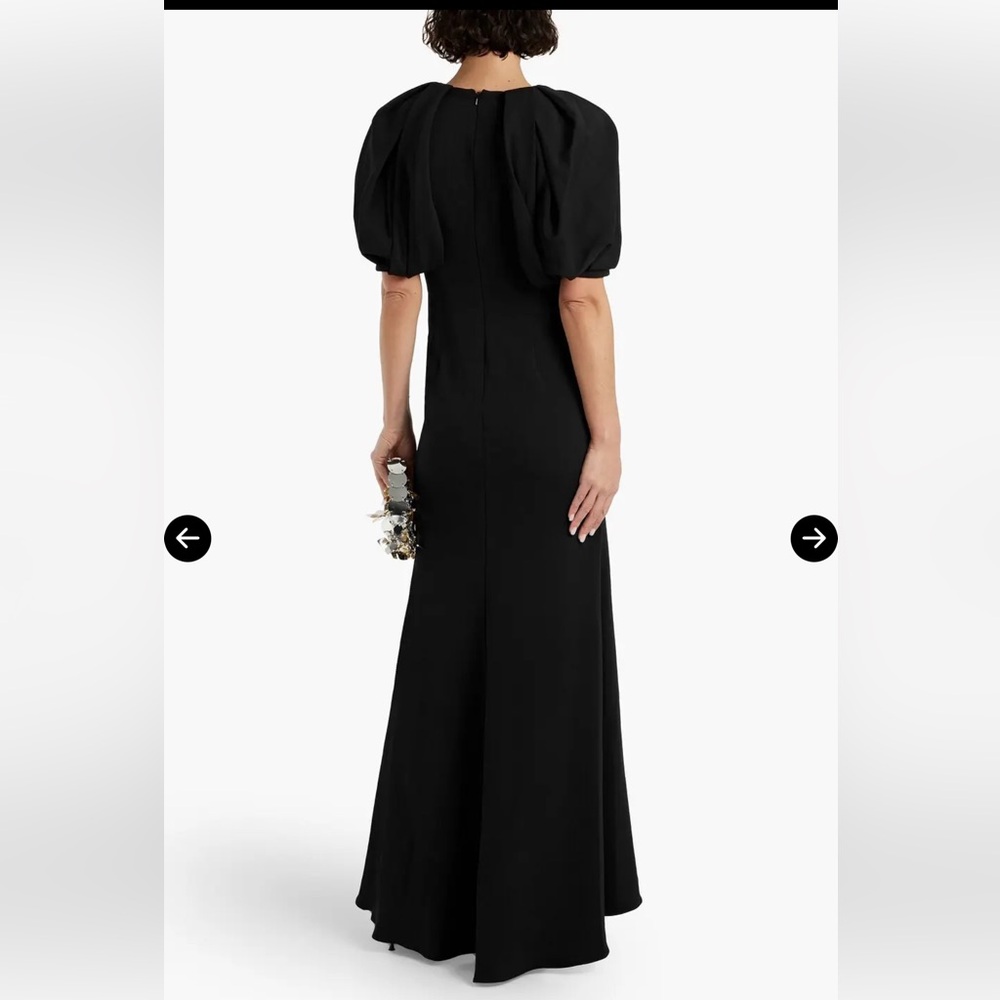 Badgley Mischka Gathered Crepe Black V-Neck Maxi Gown Statement Puff Sleeves - Picture 4 of 16